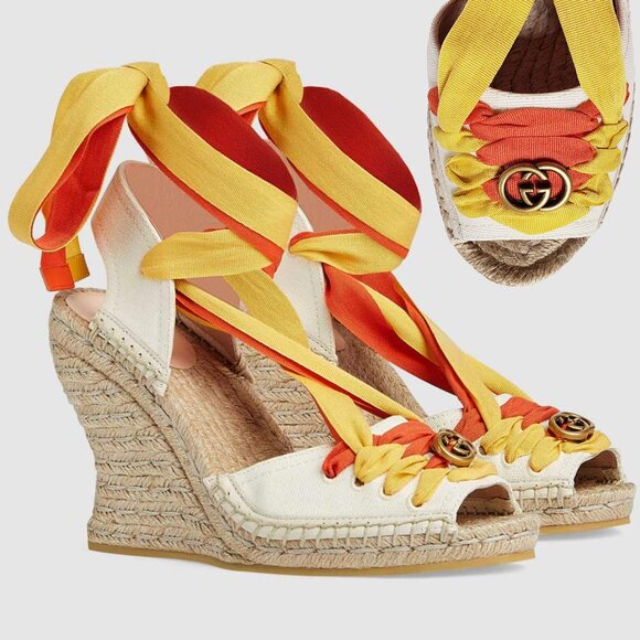 GUCCI SHOES CANVAS WEDGE ESPADRILLES WRAP AROUND G LOGO SANDALS sz 39 9 - Picture 1 of 15